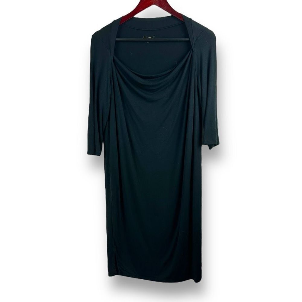 Les Lunes Women's Size M/L Shift Dress Black Draped Cowlneck Elbow Sleeve LBD